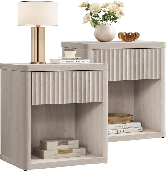 SICOTAS Night Stand Set of 2 Nightstands with Drawer Storage Fluted Bed Side Table End Table Large Modern Wide Bedside Stand Mid Century Night Stands for Bedroom Living Room Sofa Office, White Alder