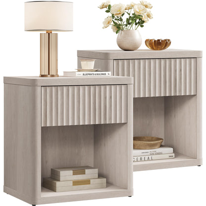 SICOTAS Night Stand Set of 2 Nightstands with Drawer Storage Fluted Bed Side Table End Table Large Modern Wide Bedside Stand Mid Century Night Stands for Bedroom Living Room Sofa Office, White Alder