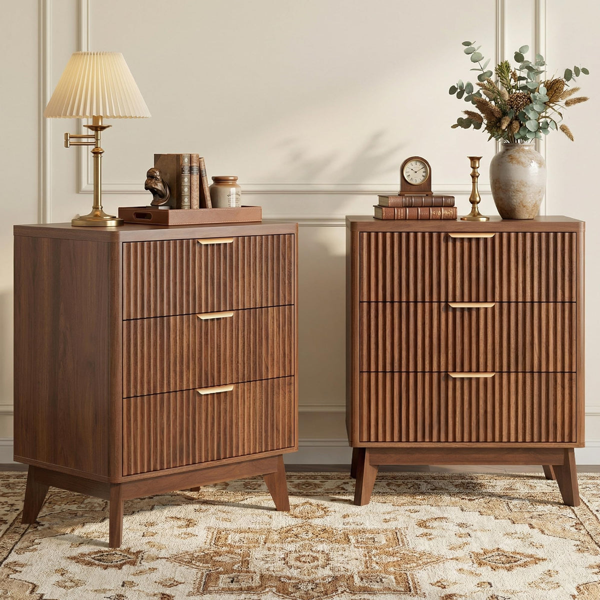 LYNCOHOME Fluted Nightstand with Charging Station, 19.7 inch Wide End Table with 2 Drawers, Modern Wood Bedside Table for Bedroom,Brown,1 Pcs