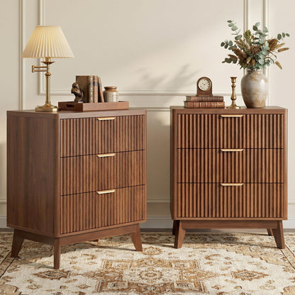 LYNCOHOME Fluted Nightstand with Charging Station, 19.7 inch Wide End Table with 2 Drawers, Modern Wood Bedside Table for Bedroom,Brown,1 Pcs