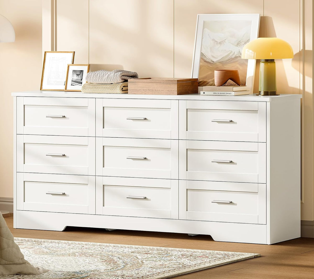 TEENFON 57.1"W White Dresser for Bedroom, Modern 9 Drawer Dresser with Metal Handles, Wood Dressers & Chest of Drawers, Wooden Closet Clothes Storage Organizer for Bedroom, Living Room, Hallway, White
