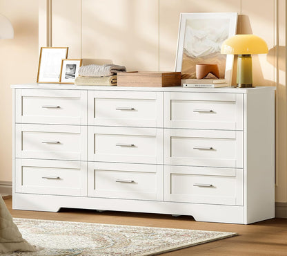 TEENFON 57.1"W White Dresser for Bedroom, Modern 9 Drawer Dresser with Metal Handles, Wood Dressers & Chest of Drawers, Wooden Closet Clothes Storage Organizer for Bedroom, Living Room, Hallway, White