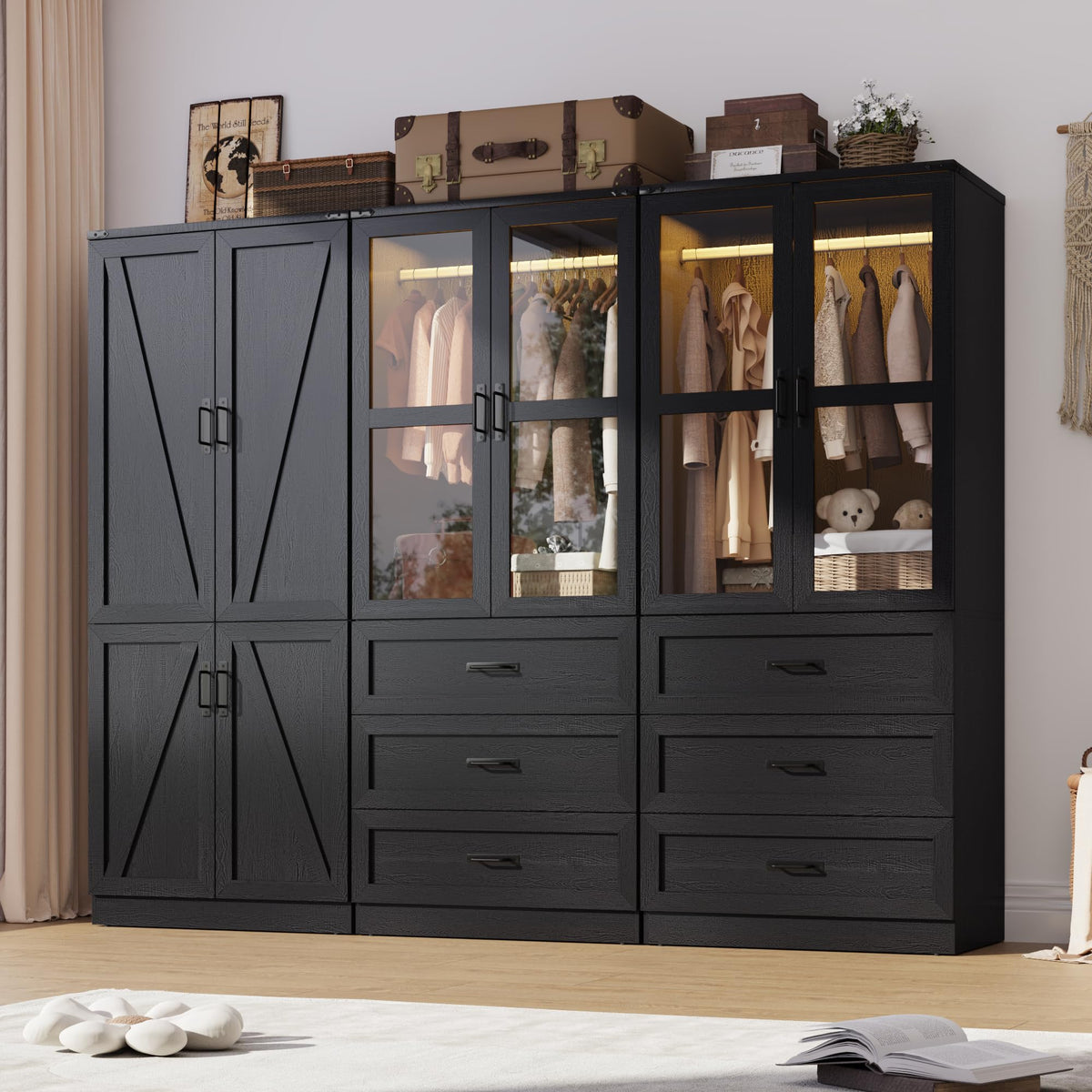 75" Tall Farmhouse 2 Doors Armoire Wardrobe Closet with 3 Drawers and LED,Freestanding Closet Wardrobe Cabinet for Bedroom with Hanging Rod,Wooden Armoire Storage Cabinet with Adjustable shelve(Black)