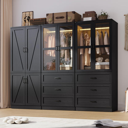 75" Tall Farmhouse 2 Doors Armoire Wardrobe Closet with 3 Drawers and LED,Freestanding Closet Wardrobe Cabinet for Bedroom with Hanging Rod,Wooden Armoire Storage Cabinet with Adjustable shelve(Black)