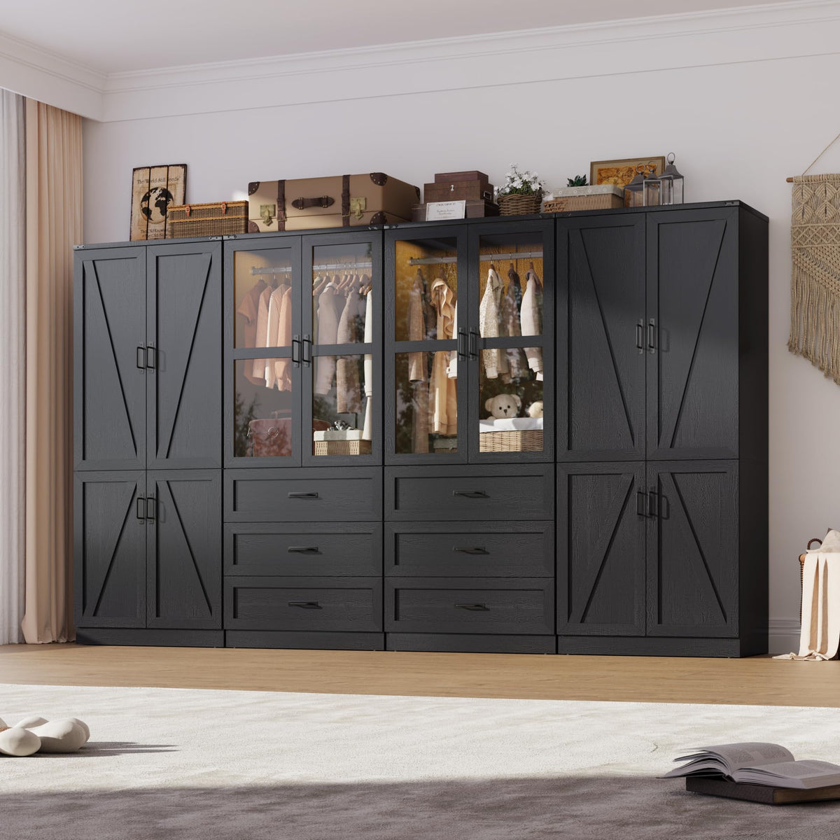 75" Tall Farmhouse 2 Doors Armoire Wardrobe Closet with 3 Drawers and LED,Freestanding Closet Wardrobe Cabinet for Bedroom with Hanging Rod,Wooden Armoire Storage Cabinet with Adjustable shelve(Black)