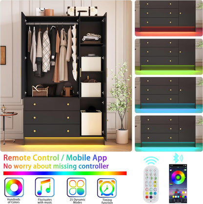 3 Doors Mirrored Wardrobe Armoire Closet with Drawers, LED Armoire Storage Cabinet with Adjustable Shelves & Hanging Rod, 74.8" H Freestanding Clothing Storage Cabinet for Bedroom, Black