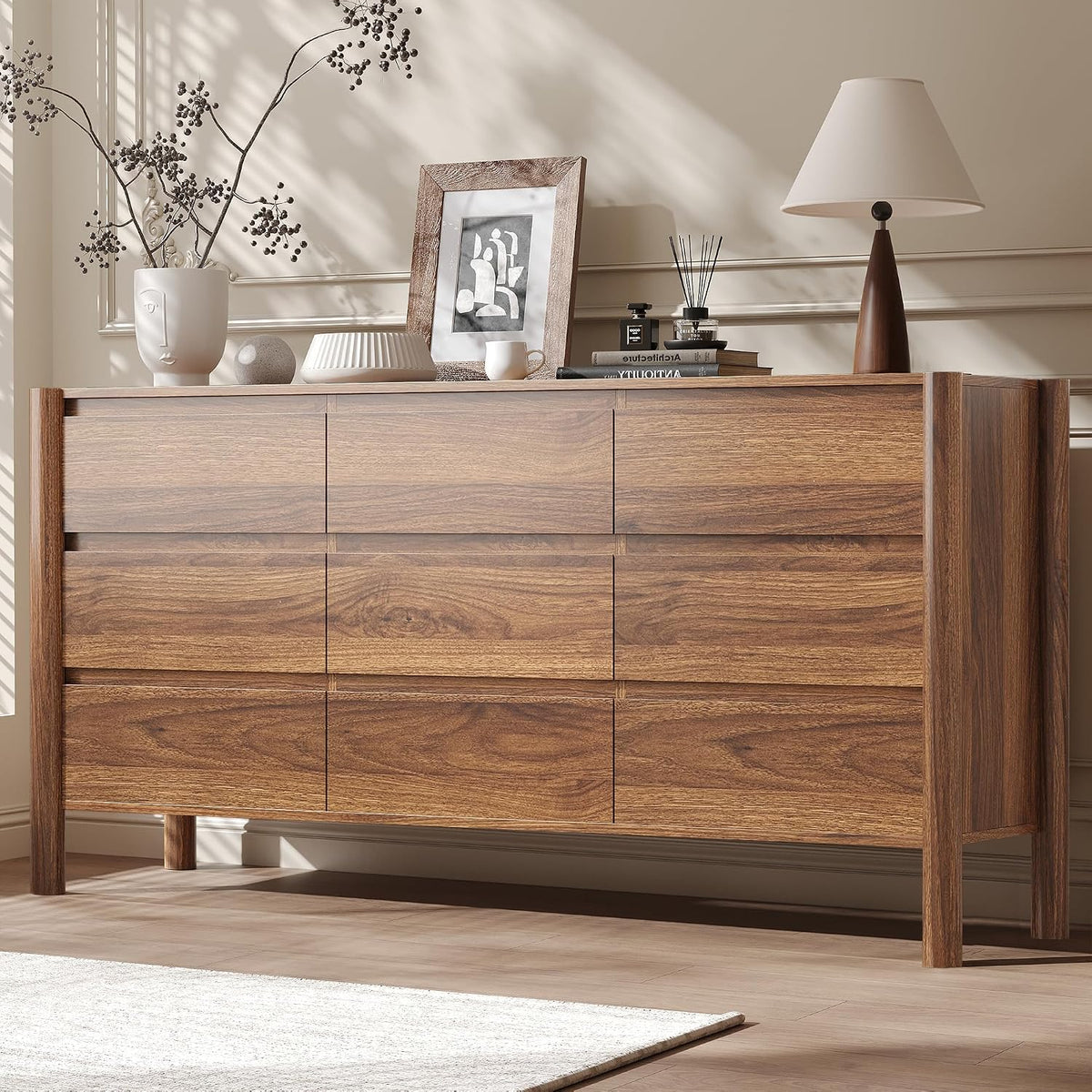 CHUWELL 63" Wide Walnut 9 Drawer Dresser for Bedroom with Solid Wood Legs