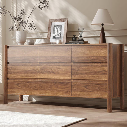 CHUWELL 63" Wide Walnut 9 Drawer Dresser for Bedroom with Solid Wood Legs