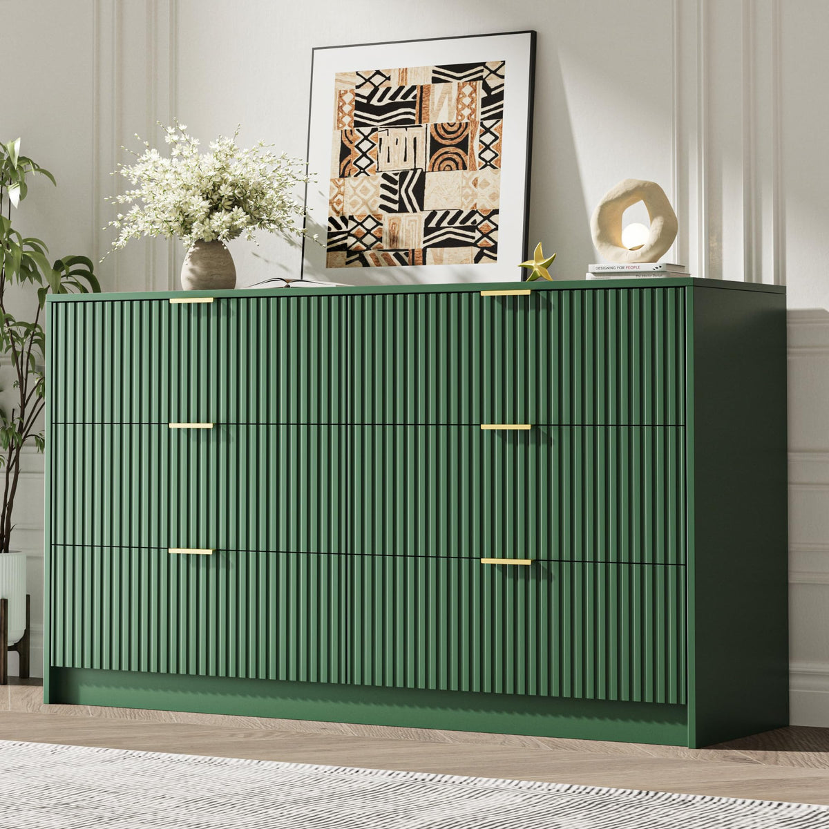 MAISONARIA 55" Wide Fluted 6-Drawer Double Dresser for Bedroom, Black