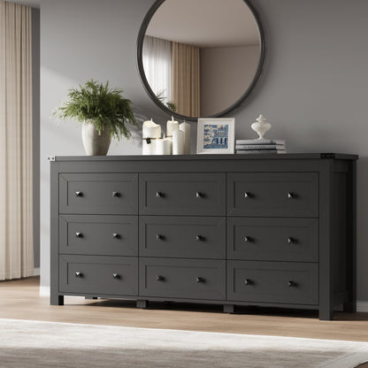 BORNOON 9-Drawer Dresser, Modern Wooden Storage Chest of Drawers, Dresser TV Stand, Wood Drawer Organizer with Metal Handles for Bedroom, Living Room, Hallway