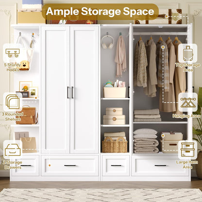 DynJest Armoire Wardrobe Closet with 2 Drawers, 70" Tall Clothing Storage Cabinet with Hanging Rod, 3 Open Shelves & 5 Hooks, 2 Doors Large Capacity Wooden Cabinet for Bedroom, White