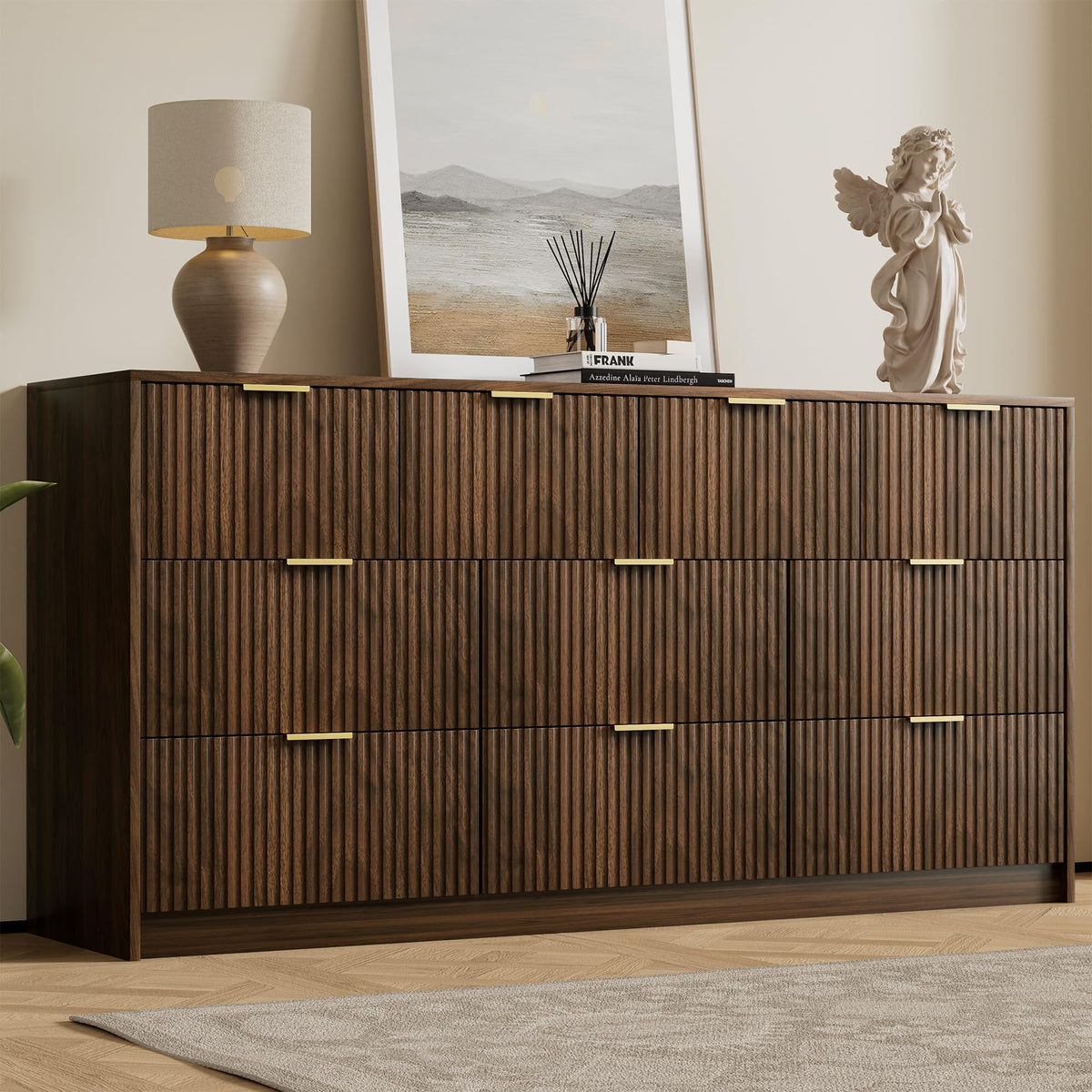 Furniway 55" Wide Green Dresser for Bedroom, Fluted 8 Drawer Dresser