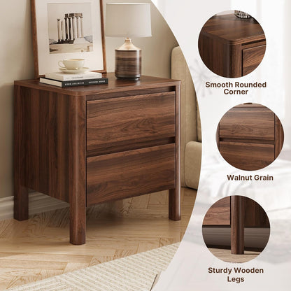 MAISONARIA Walnut Nightstands Set of 2, Mid Century Modern Bedside Table with Hidden Handles and Wood Legs, Wooden End Table with 2 Drawers for Bedroom