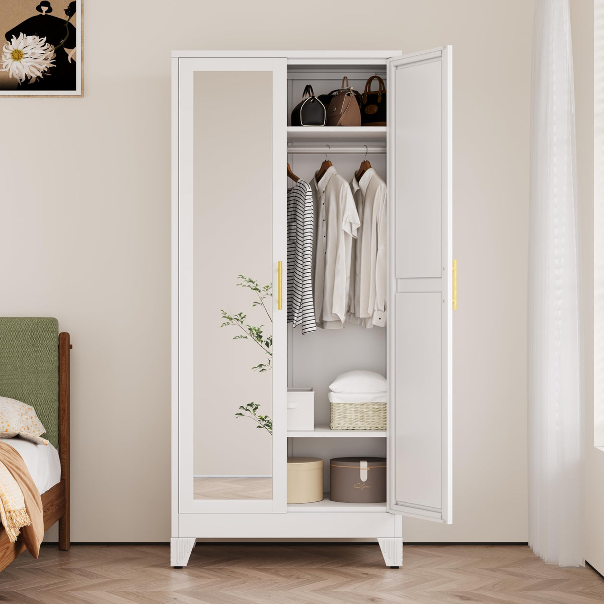Ckzbx 71" H Metal Armoire Wardrobe Closet, Adjustable Shelve, Clothes Drying Pole, Steel Wardrobe Cabinet for Bedroom (Green)