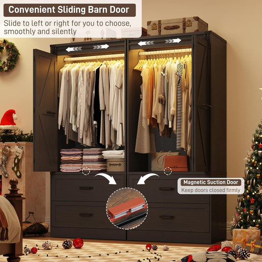 2 Doors Armoire Wardrobe Closet w/ Folding Sliding Barn Door,Rustic Black