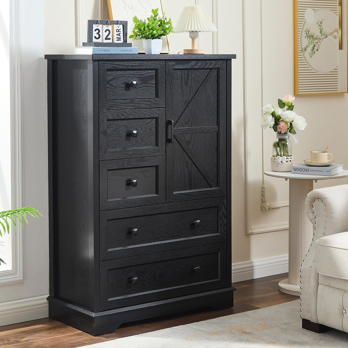 SOOWERY Farmhouse Dresser for Bedroom, Tall Chest of Drawers, Dark Cherry