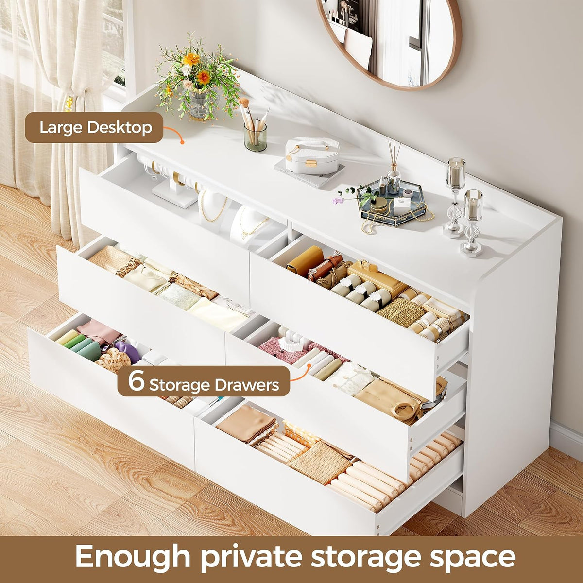 White Dresser for Bedroom, 6 Drawer Dresser Chest of Drawers