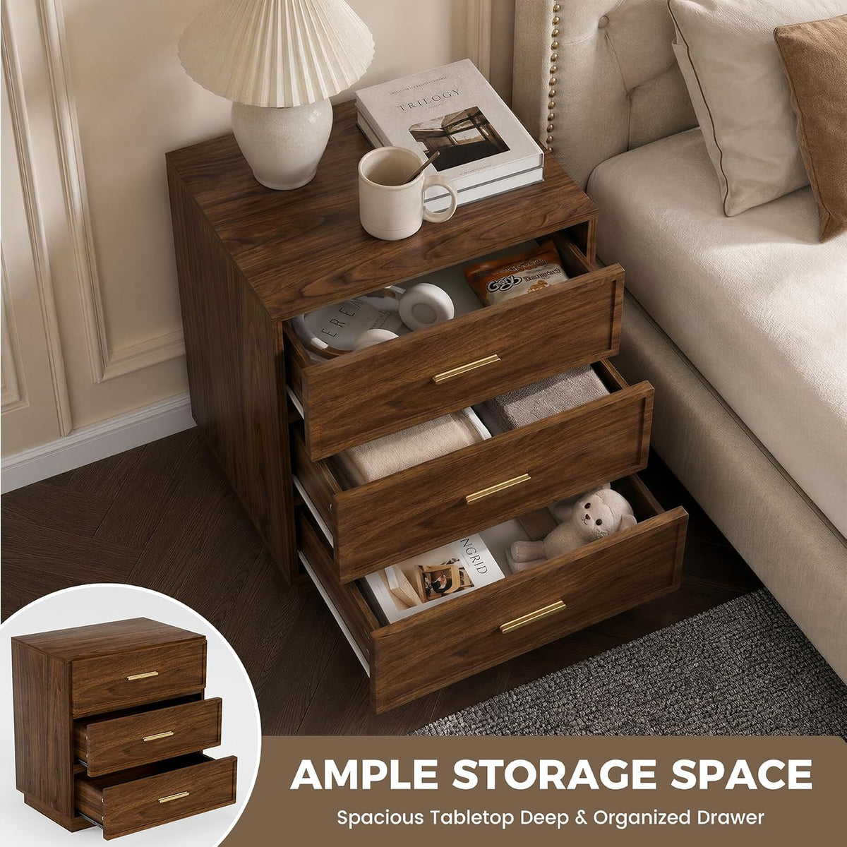 Nightstand Set of 2 Tall Bedside Table with 3 Drawers, Walnut