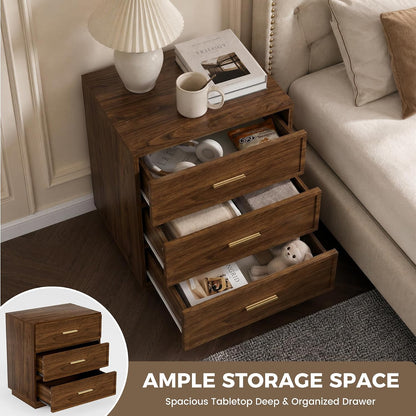Nightstand Set of 2 Tall Bedside Table with 3 Drawers, Walnut