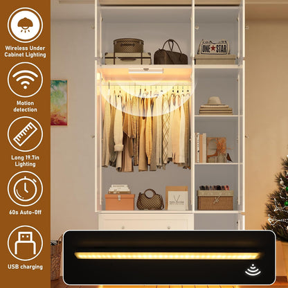 92.2" Tall Armoire Wardrobe Closet with Mirror & Motion Sensor Light, Large Storage Cabinet with 2 Drawers, Hanging Rod & Adjustable LED Strip, Anti-Tipping Wood Bedroom Furniture, 47.4"L, White