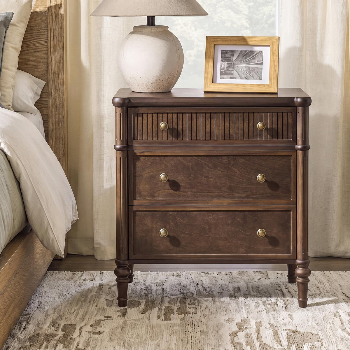 HULALA HOME Traditional End Table with Charging Station, Fluted End Tables with Wood Drawers and Solid Wood Spindle Legs, 28 Inch Wide Storage Set of 2, Walnut