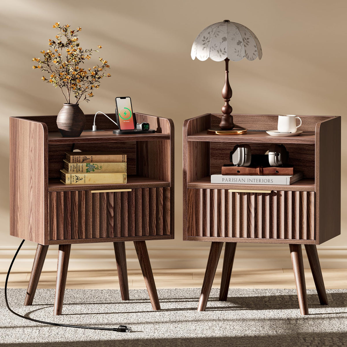 Huuger Nightstand Set of 2 with Charging Station, USB-C Port, End Tables