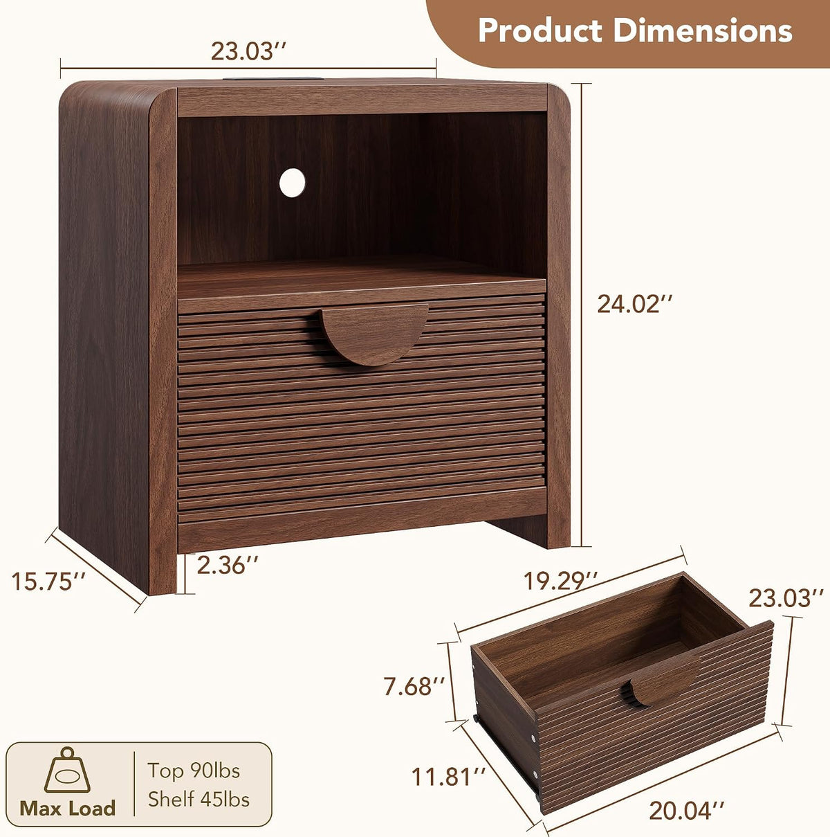 23" Wide Fluted Nightstands Set of 2 with Charging Station, Wood Bedside Tables with Drawer and Open Compartment, Mid Century End Tables for Bedroom, Home Office, Walnut