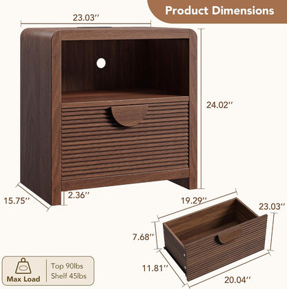 23" Wide Fluted Nightstands Set of 2 with Charging Station, Wood Bedside Tables with Drawer and Open Compartment, Mid Century End Tables for Bedroom, Home Office, Walnut