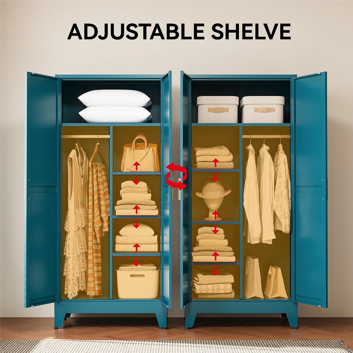 COFaR Peacock Blue Armoire Wardrobe, 71" Metal Closet with Reversible Hanging & Shelving Sections, Freestanding Storage Cabinet with Top Compartment & Adjustable Shelves