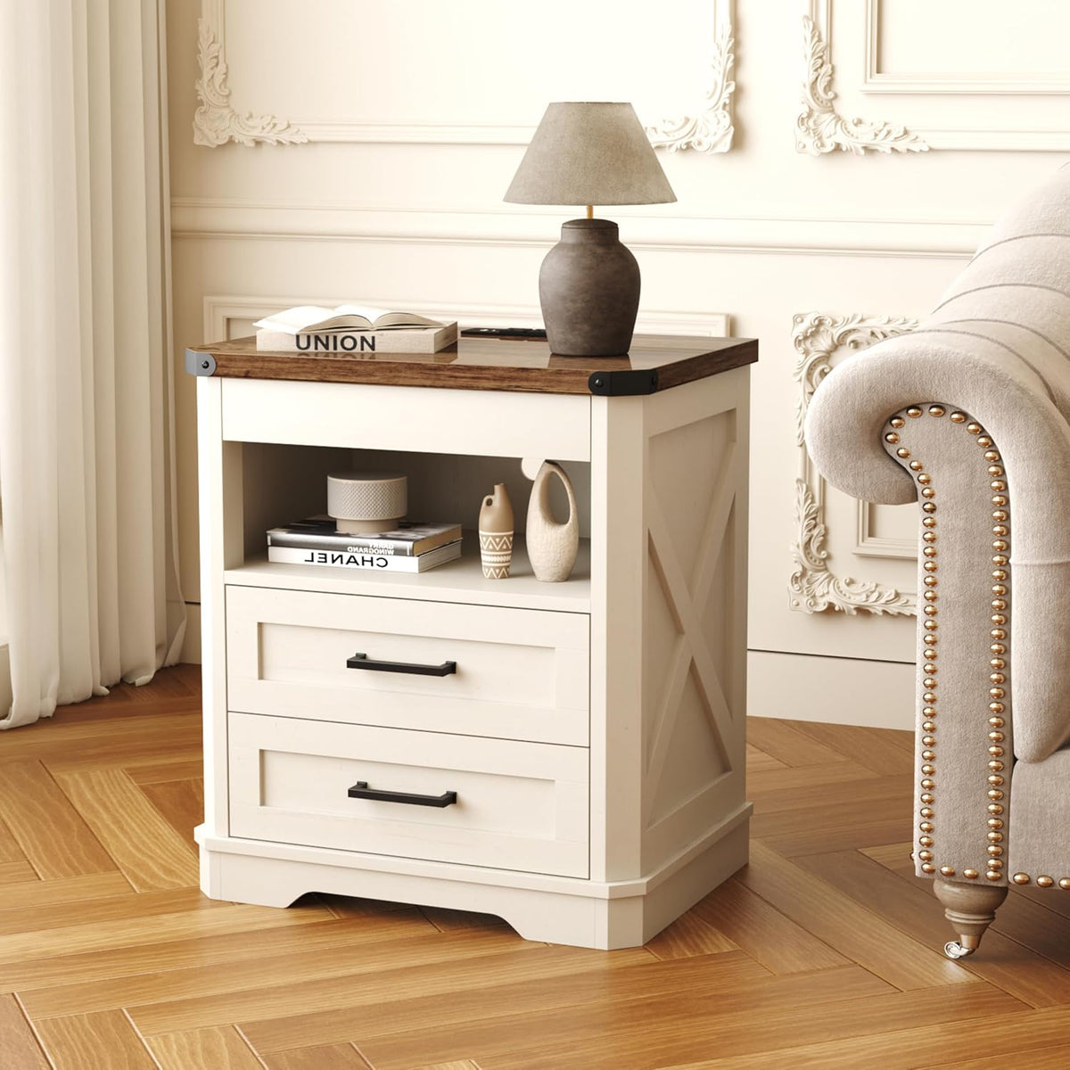 Yusong Farmhouse Night Stand with Gun Drawer & Invisible Lock, Rustic Wooden Night Stand with Charging Station, Beside Table with Drawers and Open Storage, End Tables for Bedroom, (White 004)
