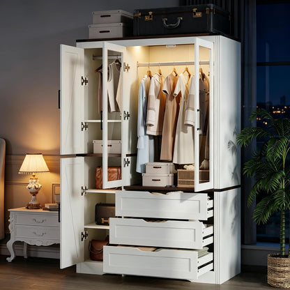 Concho 73'' Wood Farmhouse 4 Doors Armoire Wardrobe Closet with LED Light