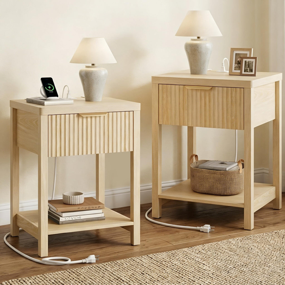 Night Stand Set 2, Fluted Wood Nightstands w/Charging Station for Bedroom