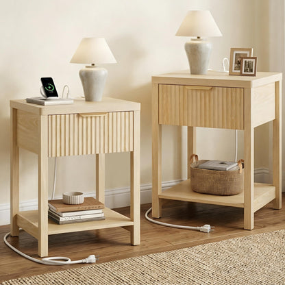 Night Stand Set 2, Fluted Wood Nightstands w/Charging Station for Bedroom