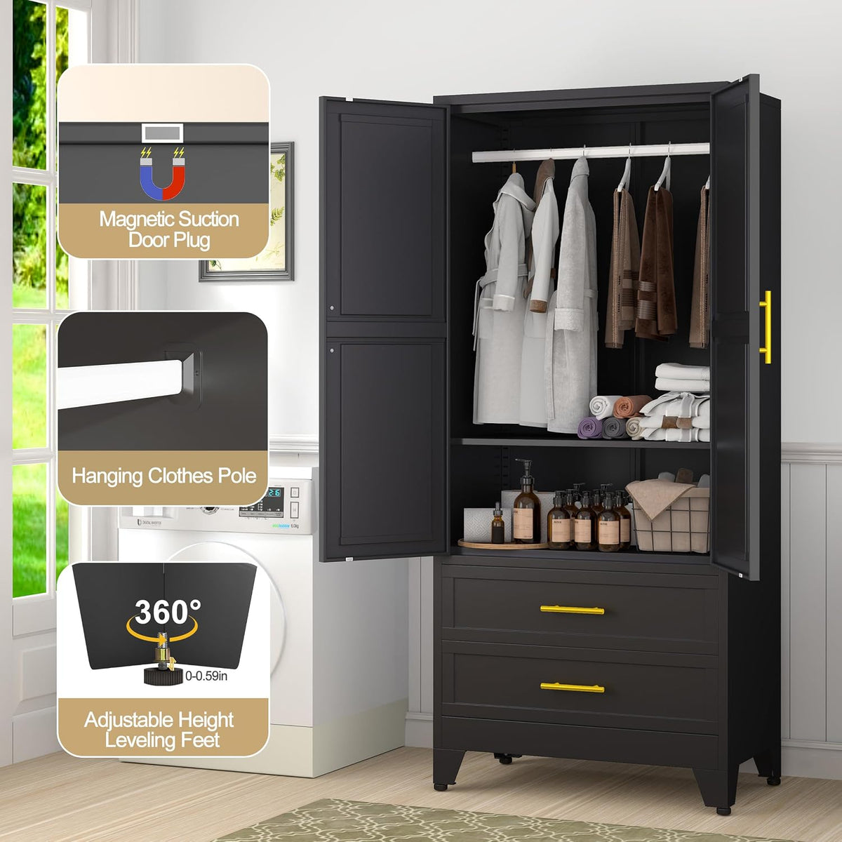 GAIOUS 71" Metal Wardrobe Cabinet with 2 Drawers and Hanging Rod Black