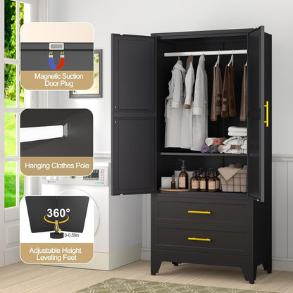 GAIOUS 71" Metal Wardrobe Cabinet with 2 Drawers and Hanging Rod Black