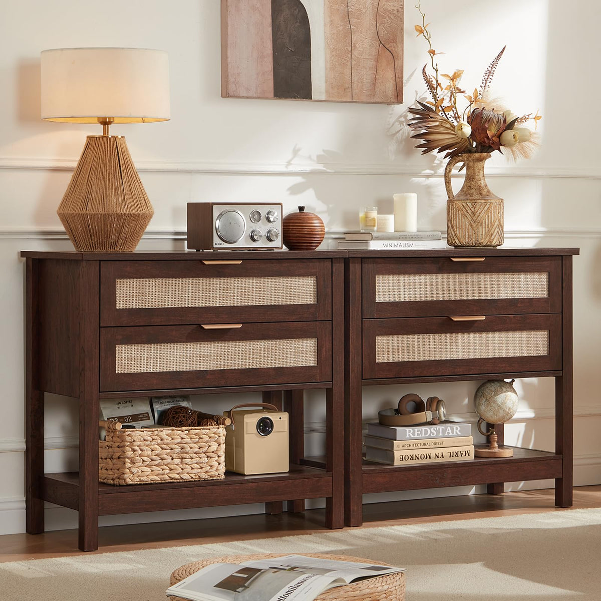 LEYAOYAO 26.8" Wide Rattan Nightstand, Large Boho 3 Drawer Night Stand