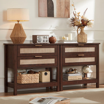LEYAOYAO 26.8" Wide Rattan Nightstand, Large Boho 3 Drawer Night Stand