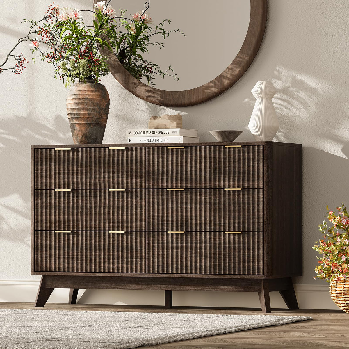 63" Wide Fluted 9 Drawers Dresser for Bedroom,Curved Edge,Oak