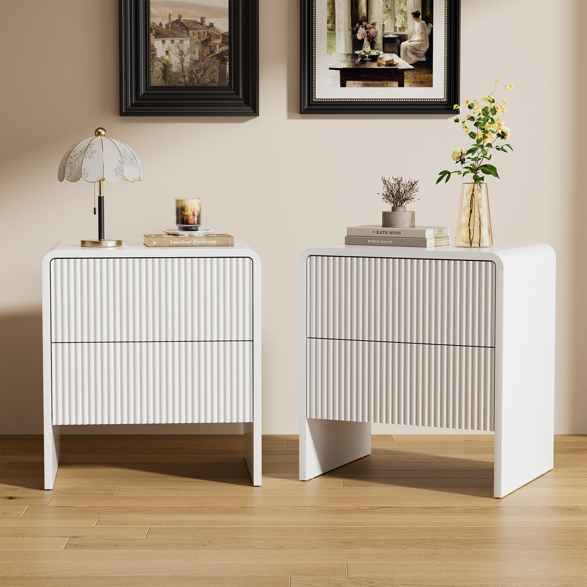 Furniway Set of 2 Modern Curved Nightstand with 2 Drawers, Push-to-Open Wooden Bedside Table, Minimalist End Table for Bedroom, Black