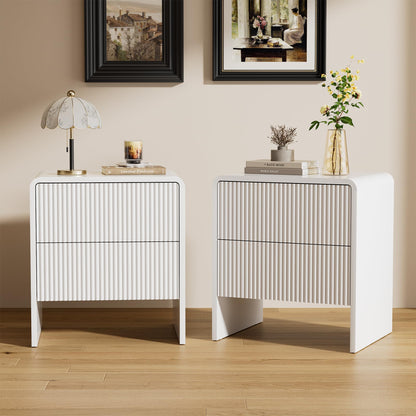 Furniway Set of 2 Modern Curved Nightstand with 2 Drawers, Push-to-Open Wooden Bedside Table, Minimalist End Table for Bedroom, Black
