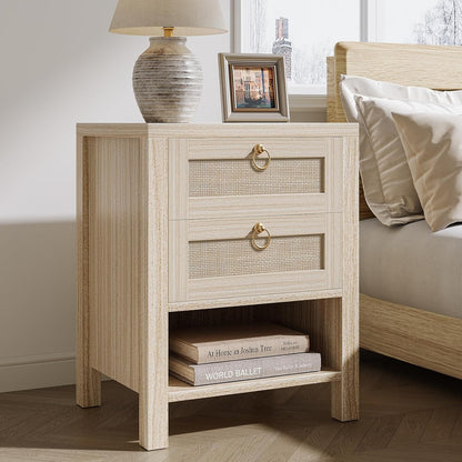 Rattan Nightstand with Charging Station - Boho Night Stand with 2 Drawers