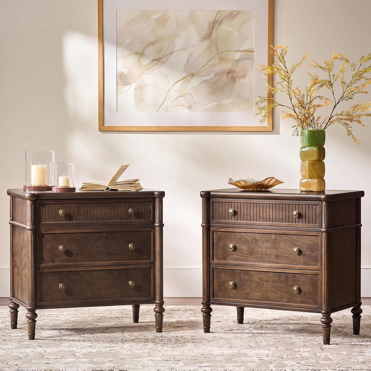 HULALA HOME Traditional End Table with Charging Station, Fluted End Tables with Wood Drawers and Solid Wood Spindle Legs, 28 Inch Wide Storage Set of 2, Walnut