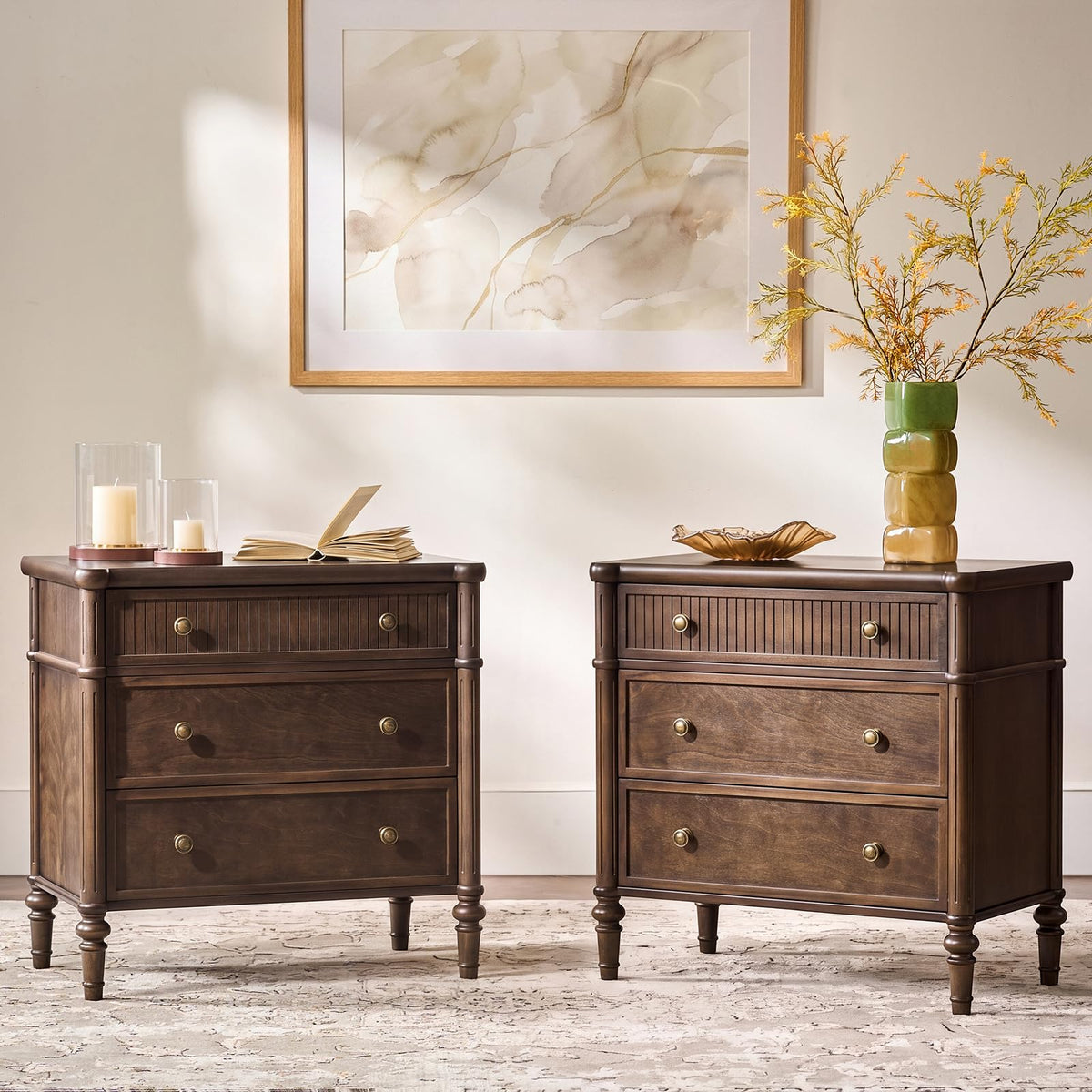 HULALA HOME Traditional End Table with Charging Station, Fluted End Tables with Wood Drawers and Solid Wood Spindle Legs, 28 Inch Wide Storage Set of 2, Walnut