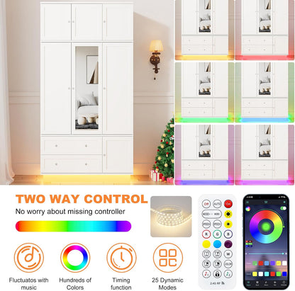 92.2" Tall Armoire Wardrobe Closet with Mirror & Motion Sensor Light, Large Storage Cabinet with 2 Drawers, Hanging Rod & Adjustable LED Strip, Anti-Tipping Wood Bedroom Furniture, 47.4"L, White