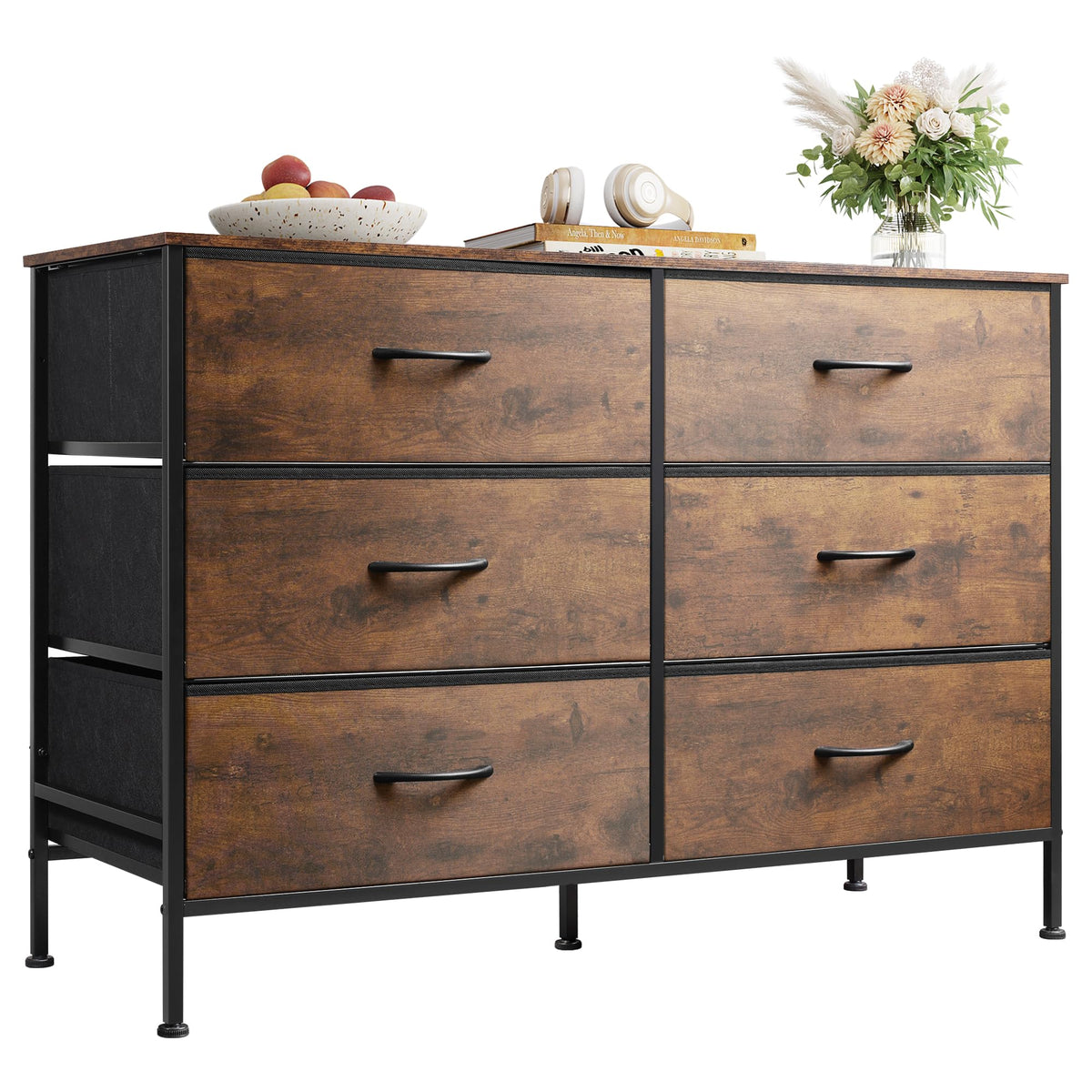 WLIVE Dresser for Bedroom with 6 Fabric Drawers, Rustic Brown