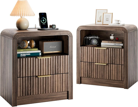 Decofy Fluted Nightstand Set of 2 with Charging Station, 2 Drawers, Walnut