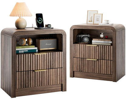 Decofy Fluted Nightstand Set of 2 with Charging Station, 2 Drawers, Walnut
