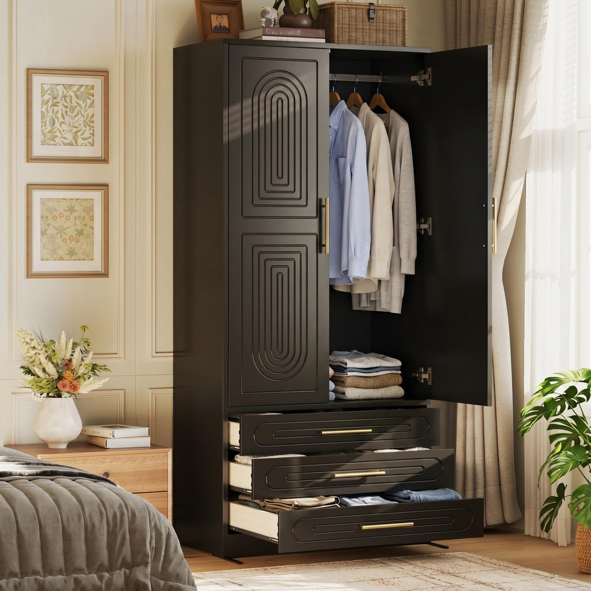 4 Doors Armoire Wardrobe Closet with Drawer & Doors, 71 inch Tall Wardrobe