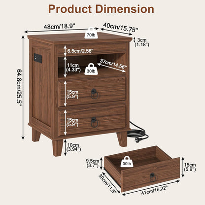 Yusong LED Night Stand with Gun Drawer, Bedside Table with Charging Station, Sofa Couch End Side Table with with 2 Drawers ＆Open Shelf for Bedroom, Brown