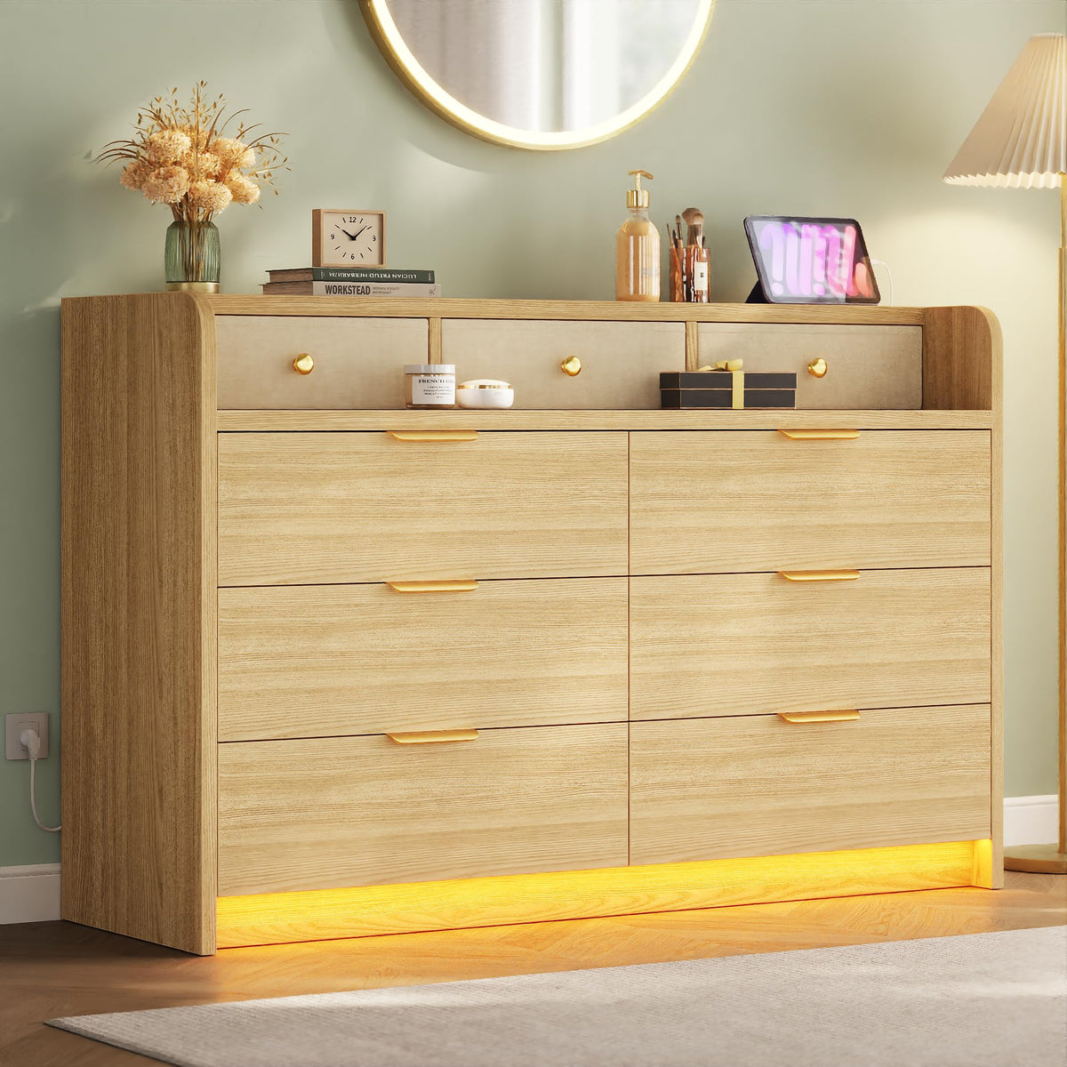 MapleGrace 53'' Wide 9 Drawer Dresser for Bedroom, Wood TV Stand Dresser with Power Outlets & LED Light, Chest of Drawers Closet Store Organizer for Living Room, Hallway, Black